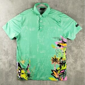 Sunday Swagger Mens Medium Green Floral Toucan Performance Stretch Golf Polo